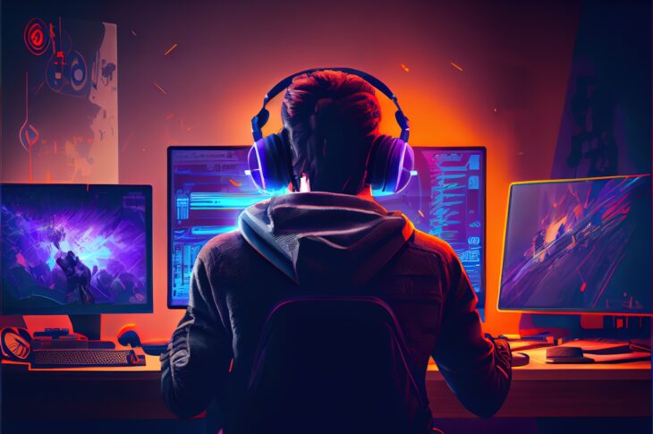 Gamer am PC mit Triple-Monitor-Setup | EMF200