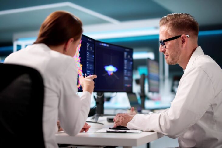 Zwei Ingenieure analysieren digitale Fertigungsdaten am Bildschirm, um mit einem APS System Produktionsablaeufe zu optimieren.