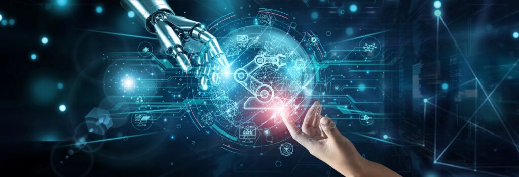 Menschliche Hand beruehrt Roboterhand vor digitalem Netzwerk, Symbol fuer APS System und intelligente, adaptive Fertigung.